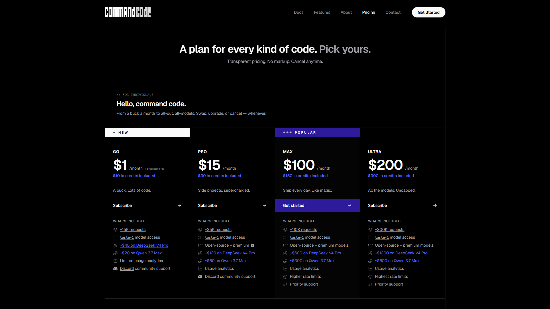 Command Code Go plan pricing breakdown