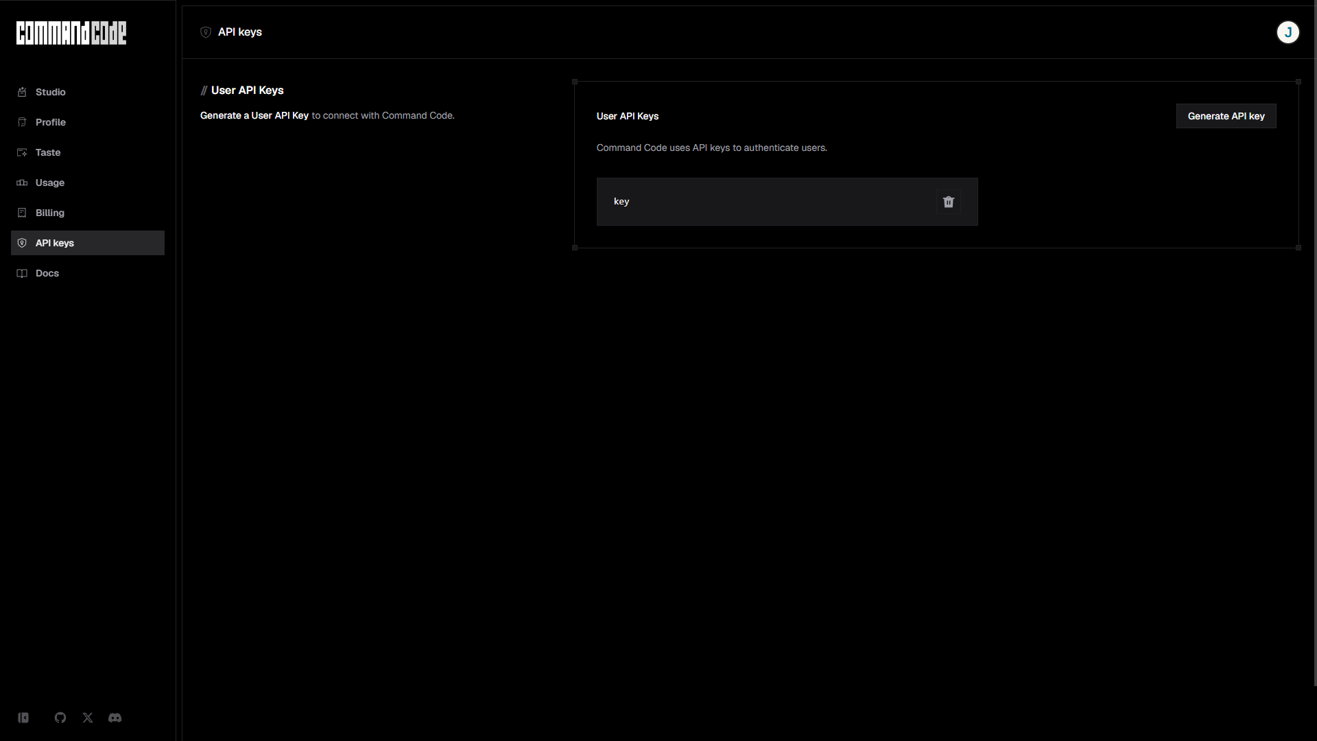 Command Code Studio API Keys tab